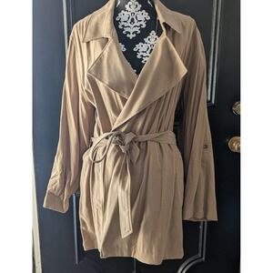 MNG Open Front Flowy Lapel Longline Belted Trench Coat Jacket Womens XL Camel
